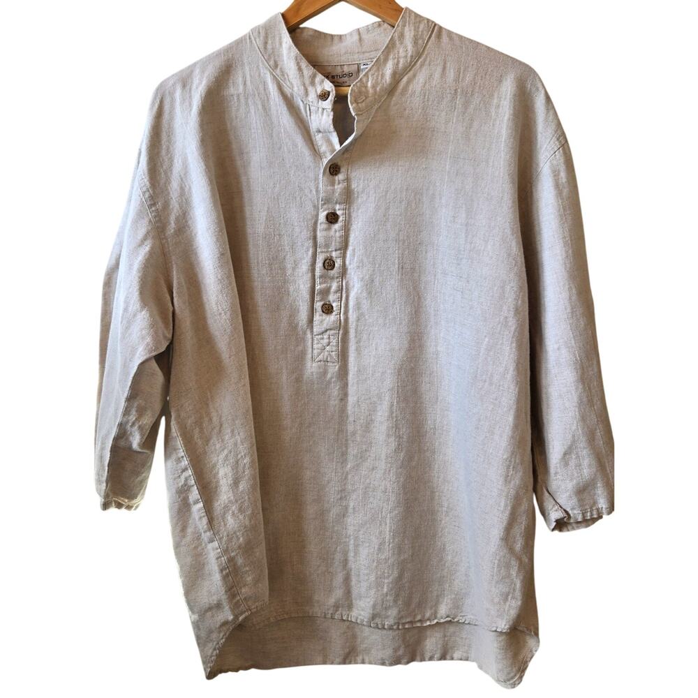 Vintage Max Studio Womens Linen Shirt XL Beige Oversized Button Cargo Minimalist